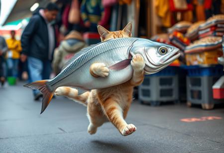 A cat on its back legs running like a human is holding a big silver fish with its arms.  The cat is running away from the shop owner and has a panicked look on his face.  The scene is situated in a crowded market.