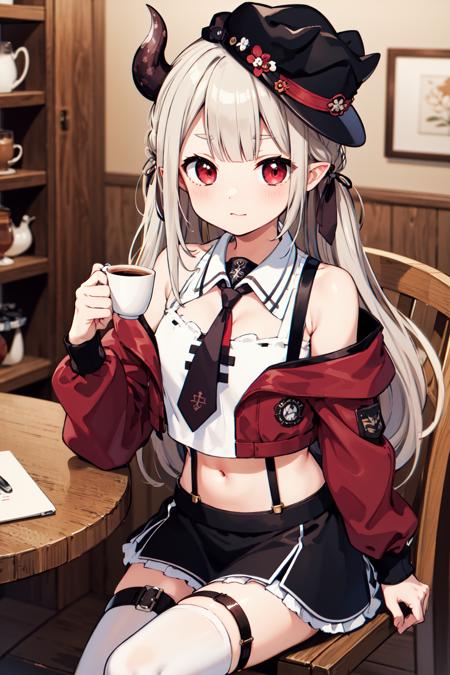 masterpiece, best quality, highres, hmnac, horn, hat, midriff, white shirt, crop top, off shoulder, black necktie, long sleeves, sleeveless, black skirt, black thighhighs, thigh strap, red jacket, suspenders, <lora:naraka_v10:0.7>, cowboy shot, indoors, sitting, holding cup, table, chair, coffee