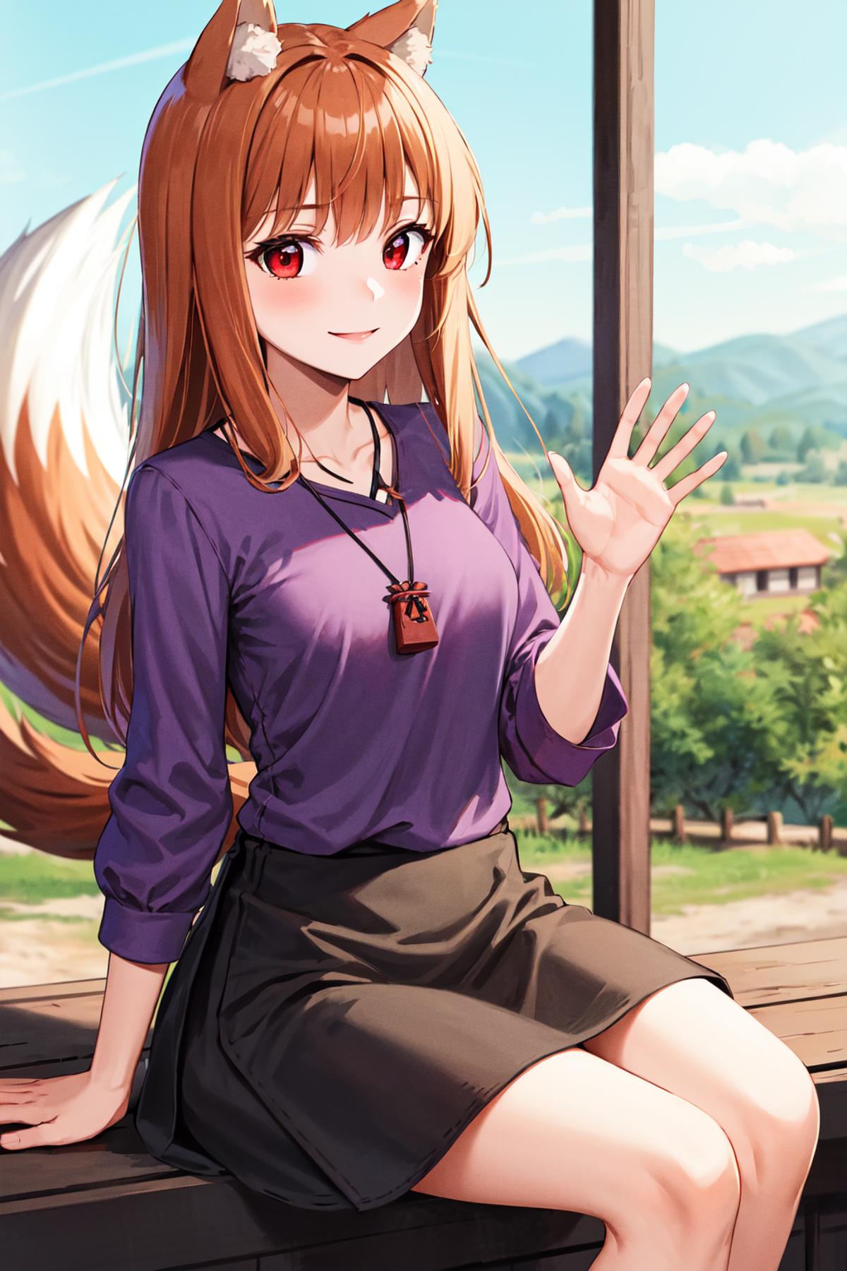 Anime girl with a fox tail and purple shirt waving her hand.
