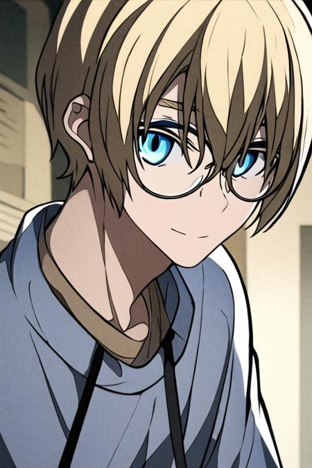 masterpiece, best quality, high quality, 1boy, solo, male focus, looking at viewer, upper body, <lora:william_macbeth:0.66>, william_macbeth, blonde hair, glasses, blue eyes, , gakuran