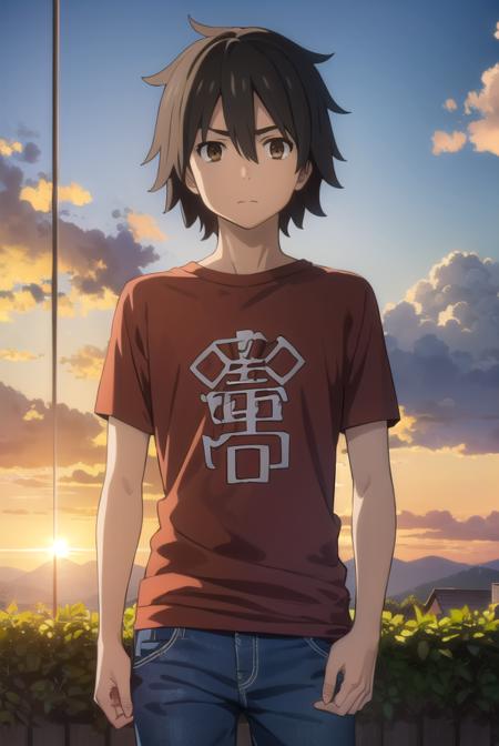 jintayadomi, <lora:jinta yadomi s1-lora-nochekaiser:1>,
jinta yadomi, black hair, male focus, (brown eyes:1.3),
BREAK shirt, pants, t-shirt, red shirt,
BREAK outdoors, house, fields, grass, sky, sun, clouds,
BREAK looking at viewer, (cowboy shot:1.5),
BREAK <lyco:GoodHands-beta2:1>, (masterpiece:1.2), best quality, high resolution, unity 8k wallpaper, (illustration:0.8), (beautiful detailed eyes:1.6), extremely detailed face, perfect lighting, extremely detailed CG, (perfect hands, perfect anatomy),