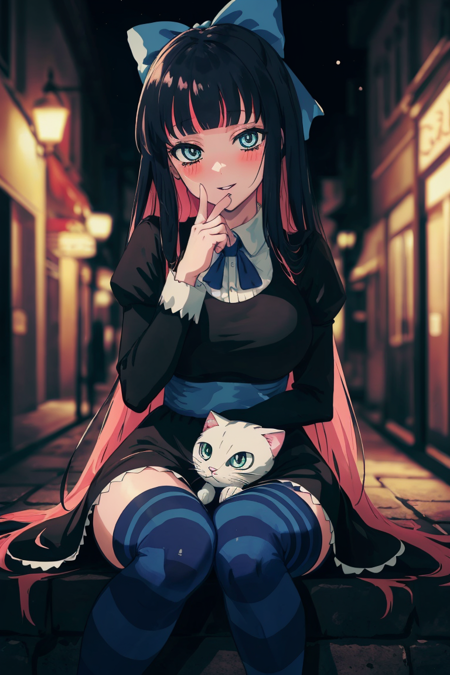 (masterpiece, best quality:1.2), stockingpsg, looking at viewer, blush, smile, large breasts, thighhighs, long sleeves, hair bow, parted lips, puffy sleeves, blunt bangs, blurry, black dress, blurry background, blue bow, stuffed toy, stuffed animal, juliet sleeves, striped thighhighs, finger to mouth, stuffed cat, town scenery, night, dramatic shadows, HDR, (extremely_beautiful_detailed_anime_face)