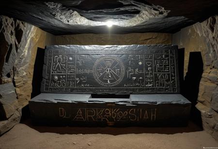 Deep inside the earth, inside a ((ardósia)) mine, "dark schist", "black slate".
Magical realism, a chamber carved into the pitch black slate, decorated with ancient "Chaldean" and "hyperborean" glyphs, iluminated with  ((Cherenkhov radiation)).
Inside the chamber a mysterious ("victorian sarcophagus", steampunk style).