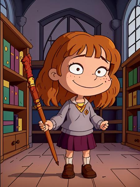 <lora:Rugrats+AGU-22:0.51> 
young 12yo Emma Watson Hermione, hair bangs covering her forehead, freckles, blush, blushing, beautiful face, smiling, 
white shirt under a grey pullover, brown tie, Hogwarts Hermione costume, grey skirt, black shoes, 
in the library in Harry Potter castle, 
magic, magic wand, magic spell,