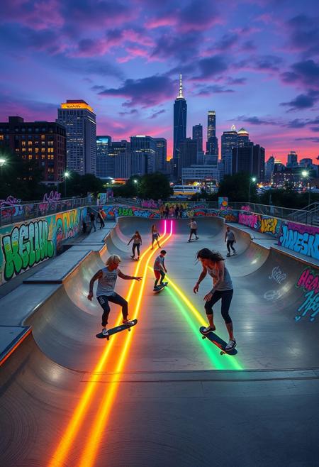 Colorful Urban Skatepark: A bustling skatepark at dusk, where graffiti-covered ramps and Art Deco-inspired railings set the scene. Skateboarders perform tricks, leaving abstract neon trails behind them. The city skyline looms in the background with photorealistic details, and street art murals add a dynamic, vivid pop art flair. Each skater is dressed in retro attire with tribal designs on their gear, celebrating urban culture, freedom, and movement in a beautifully chaotic and colorful setting.