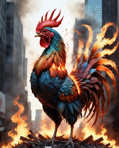 cosmic fiery rooster in flames burning down the city, by Carne Griffiths, Conrad Roset, Greg Rutkowski, Dan Witz, Intricate, elaborate transparent phoenix creature, scenic, hyperdetailed, WLOP, concept, sharp focus, Octane render, volumetric lighting, cinematic, photorealistic, dust explosion, huge flames, palpable depth, stunning masterwork by head of prompt engineering  <lora:xl_more_art-full_v1:0.5>