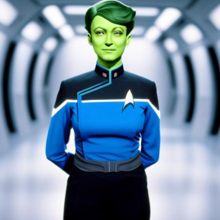 <lora:tendi-Lora:0.7> a portrait photo of tendi wearing a starfleet uniform and standing in a scifi corridor, green skin, film still from Star Trek: The Next Generation