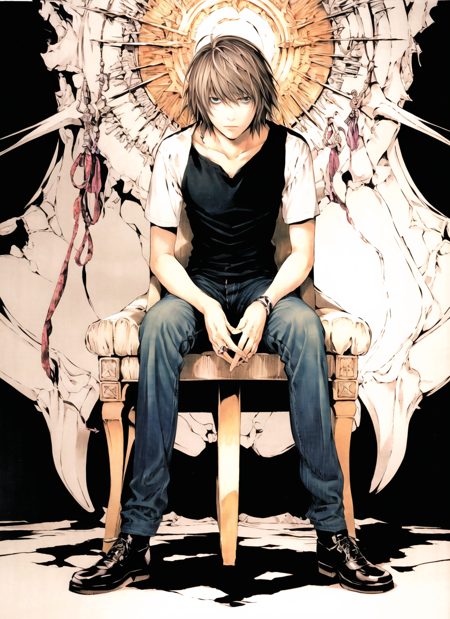 obata takeshi, masterpiece, best quality, 1boy, bags under eyes, death note, l \(death note\), male focus, obata takeshi, official art, solo, spoilers
 <lora:obata_takeshi_offset:1>