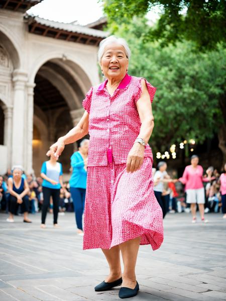 RAW photo, a old lady dancing in a square  <lora:CC_v1.2:0.8>, (high detailed skin:1.2), 8k uhd, dslr, soft lighting, high quality