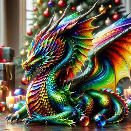 ral-oilspill dragon siting next to a pile of colorful crystal gems, under a Christmas tree, highly detailed clean, beautiful detailed intricate, 8K