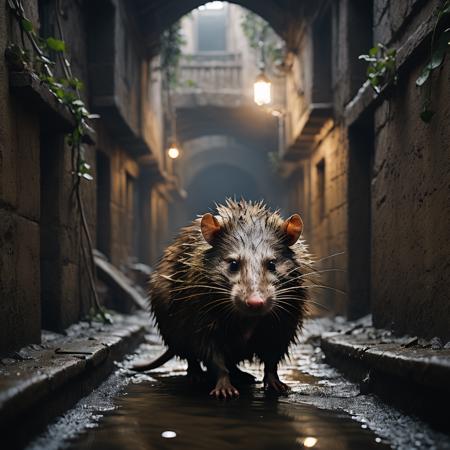 highly detailed documentary photo of giant rat:1.3,

((distant shot)), animal focus, realistic

masterpiece, best quality:1.1, 

ultra photoreal, photorealistic:1.0, sharp focus:1.1, 
depth of field:1.1, 

50mm, style of Nathan Wirth, Hasselblad X1D II, Porta 160,
