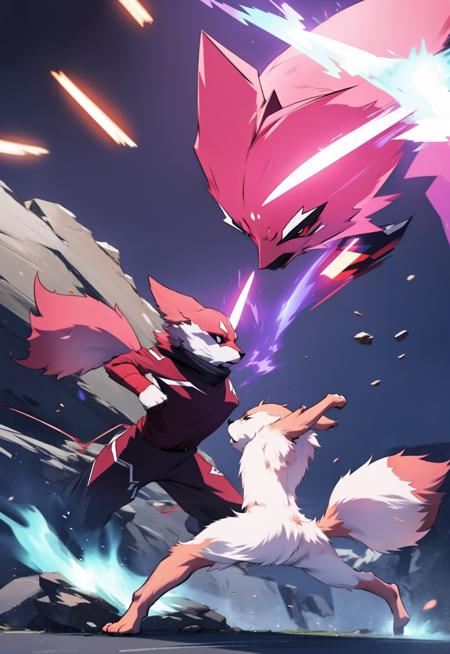 <lora:fight_scene:0.9> fight scene, dynamic pose, motion blur, emphasis line, sparks, plasma, aura,  ,fighting stance, 
 <lora:YaeMikoFox:0.8> YaeMikoFox, , no humans, multiple tails