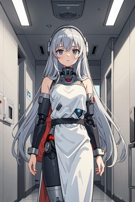 best quality,masterpiece,,illustration,CG,Hospital setting,1girl,Cyborg or robotic elements,solo,Calm demeanor,Long silver hair,Hospital gown,Severed arm,Physical trauma,Mysterious pattern on back