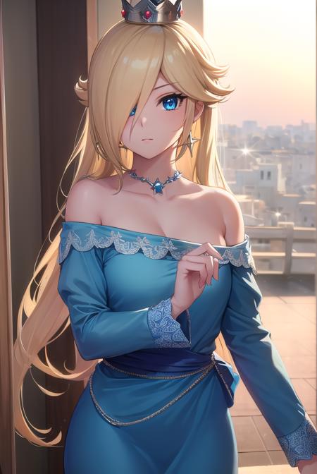 rosalina, blonde hair, blue eyes, hair over one eye, long hair, blue dress, crown, dress, earrings, jewelry, princess, robe, star earrings,