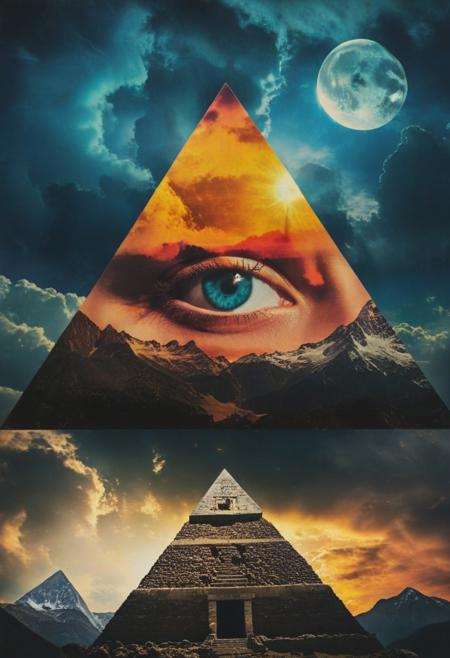 mountain, surreal,  double exposure, dark and moody ,colored all seeing eye pyramid made of ff-collage, film grain, high quality, dramatic ,poster, faint face, horror story style, sun and moon behind clouds, chromatic aberration