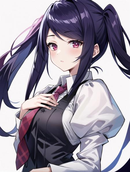 1girl, solo, bangs, blush, hand on own chest, jill stingray, long sleeves, looking at viewer, purple hair, medium breasts, necktie, shirt, solo, upper body, vest,  <lora:Jill_Stingray-02:1>, bartender, vest, white shirt,