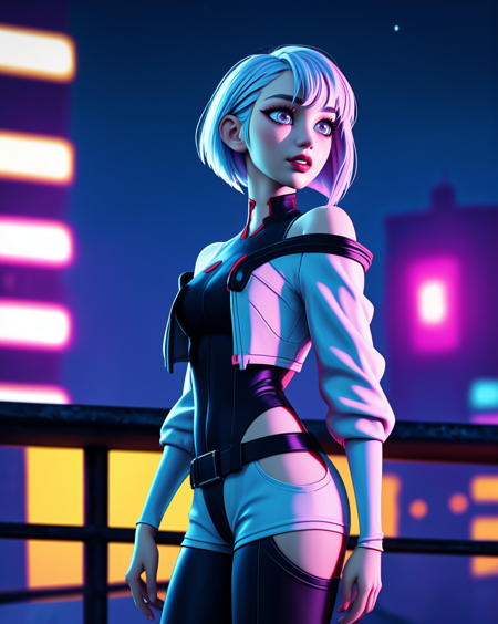 masterpiece, (photorealistic:1.4), best quality, beautiful lighting, (ulzzang-6500:0.5), lucy \(cyberpunk\), 1girl, white hair, against railing, arm rest, bangs, bare shoulders, belt, black belt, black leotard, black pants, blurry, bob cut, breasts, building, cityscape, clothing cutout, (cropped jacket), cyberpunk, depth of field, from side, gradient eyes, grey eyes, grey hair, white jacket, leotard, lips, long sleeves, looking afar, looking ahead, (mechanical parts), medium breasts, multicolored eyes, multicolored hair, night, night sky, off shoulder, open clothes, open jacket, outdoors, pants, parted lips, railing, red eyeliner, science fiction, short hair with long locks, short shorts, shorts, sidelocks, sky, solo, standing, teeth, thigh cutout, upper teeth only, white jacket, white shorts, cyberpunk \(series\), cyberpunk edgerunners, RAW photo, 8k uhd, film grain, cosplay, white wig, night, neon lights,,,, <lora:lucy_offset:1.21>