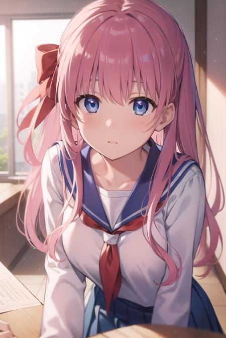 nodokaharamura, <lora:nodokaharamuratest:1>,
nodoka haramura, blue eyes, hair bow, long hair, pink hair, bow,
BREAK blue skirt, kiyosumi school uniform, pleated skirt, school uniform, serafuku, skirt,
BREAK looking at viewer,
BREAK indoors, classroom,
BREAK <lora:GoodHands-vanilla:1>, (masterpiece:1.2), best quality, high resolution, unity 8k wallpaper, (illustration:0.8), (beautiful detailed eyes:1.6), extremely detailed face, perfect lighting, extremely detailed CG, (perfect hands, perfect anatomy),