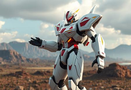 epic details Epic cinematic shot of white Ally of Justice Thunder Armor robot, sharp red & yellow accents, detailed head with red visor & camera, dynamic poised stance (extended arms, bent legs), standing against a vast, dramatic Jurassic World landscape. High-res 4K render, Octane, Unreal Engine 5, CGSociety, Artstation trending, Golden Ratio, hyperdetailed, sharp focus, powerful composition, dynamic lighting, mecha design, prehistoric backdrop.
