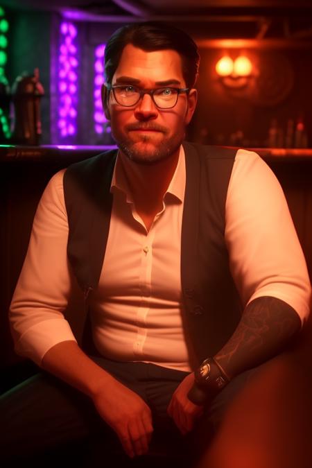 Jimmie as daddy dating simulator character sitting in a dark corner of a bar, looking evil <lora:last:1.0> <lora:arcane_offset:0.8> arcane style animated, two tone lighting