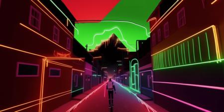 <lora:15ParralelDimensions:1>parallel dimension: a person walking down a street with neon lights