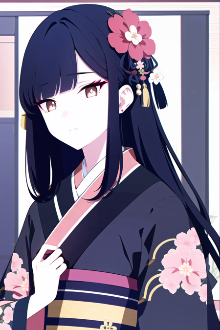 1girl, solo, hair ornament, black hair, flower, looking at viewer, hair flower, wide sleeves, jewelry, long sleeves, earrings, hanfu, closed mouth, upper body, own hands together, chinese clothes, kimono, border, sash, japanese clothes, pink flower, black eyes, makeup, brown eyes, simple background