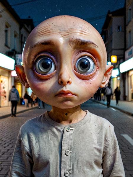 in a future the human is big head and rounded big eyes, the night is coming in the street