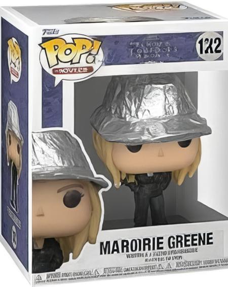 Funko Pop, marjorie taylor greene, wearing a tinfoil hat, in a Funko Pop box, English text,  <lora:Funko_Pop_SDXL:1>,