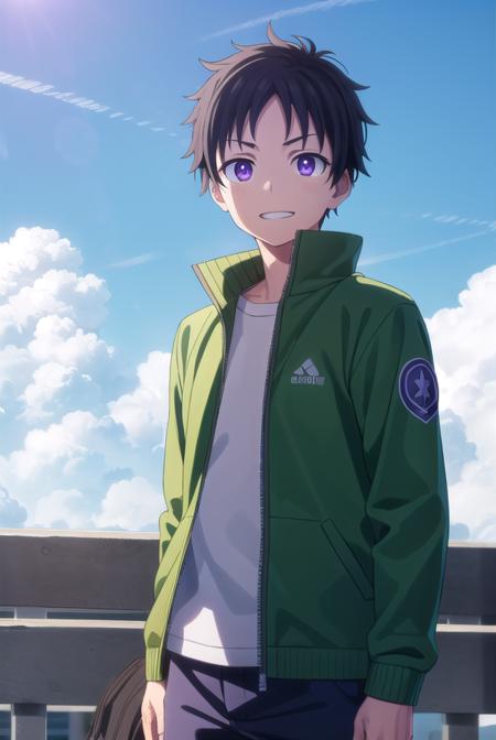 akiratendou, <lora:akira tendou s1-lora-nochekaiser:1>,
akira tendou, short hair, black hair, male focus, wide-eyed, (purple eyes:1.1), smile, grin,
BREAK shirt, jacket, white shirt, open clothes, pants, open jacket, black pants, green jacket,
BREAK outdoors, city, sun, sky, clouds,
BREAK looking at viewer, (cowboy shot:1.5),
BREAK <lyco:GoodHands-beta2:1>, (masterpiece:1.2), best quality, high resolution, unity 8k wallpaper, (illustration:0.8), (beautiful detailed eyes:1.6), extremely detailed face, perfect lighting, extremely detailed CG, (perfect hands, perfect anatomy),