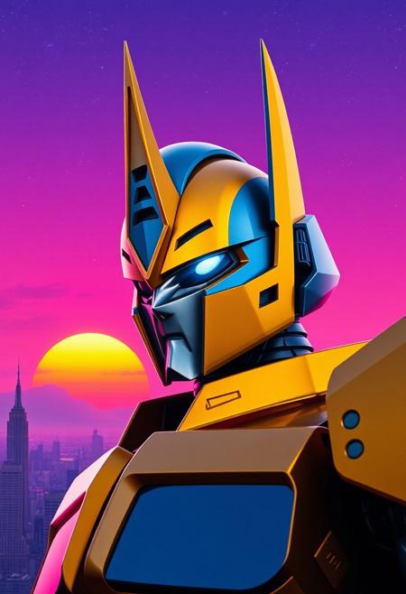 Pointy helmet, cone-shaped helmet, gold and blue transformer, decepticon, villain pose, photograph with a purple sky, cosmic stars, an orange and blue synthwave sun background. Slightly turned.  Ultra-detailed. Hyper-realistic. Metal city landscape