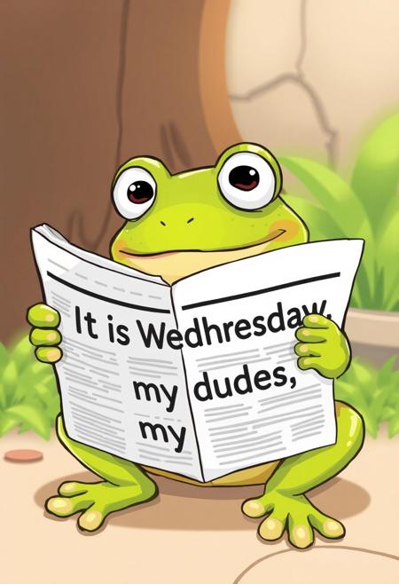 A cute frog reading a newspaper. In the front page of the newspaper, it says "It is Wednesday, my dudes"
Cartoon style