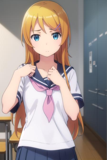 kirinokousaka, <lora:kirino kousaka s2-lora-nochekaiser:1>,
kirino kousaka, long hair, blue eyes, hair ornament, hairclip, orange hair, aqua eyes,
BREAK skirt, school uniform, serafuku, shirt, white shirt, grey sailor collar, grey skirt, pleated skirt, neckerchief, pink neckerchief,
BREAK indoors, classroom,
BREAK looking at viewer, (cowboy shot:1.5),
BREAK <lyco:GoodHands-beta2:1>, (masterpiece:1.2), best quality, high resolution, unity 8k wallpaper, (illustration:0.8), (beautiful detailed eyes:1.6), extremely detailed face, perfect lighting, extremely detailed CG, (perfect hands, perfect anatomy),