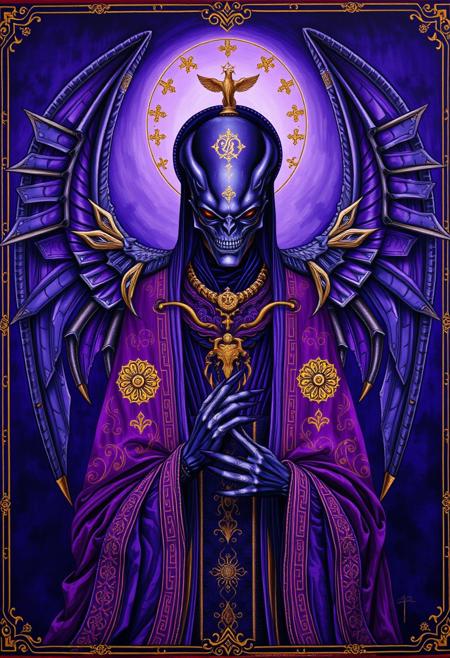 A richly detailed painting in the style of a medieval Russian icon, depicting a winged Xenomorph human with intricate features and elaborate costume. The deep ultraviolet hues are vibrant yet controlled, creating a harmonious balance within a symmetrical composition featuring gold accents and ornate patterns. The painting evokes a timeless, meditative quality and dreamlike atmosphere.