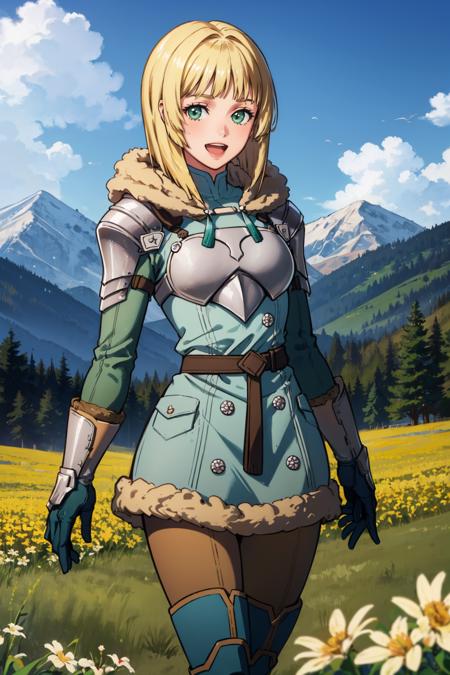 masterpiece, best quality,  <lora:ingrid-nvwls-v2-000009:0.9> hopesingrid, medium hair, bob cut, bangs, shoulder armor, breastplate, green coat, fur trim, gauntlets, blue gloves, belt, green skirt, brown pants, cowboy shot, green boots, :D, field, sky, clouds, mountains, looking at viewer