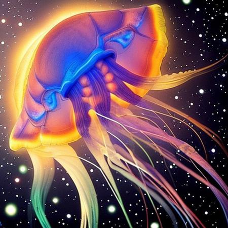 (jellyfish made of universe:1.4), A mesmerizing jellyfish floats in a void of total darkness. Its transparent, ethereal body reveals an entire universe within, with swirling galaxies, stars, and cosmic wonders. The contrast between the universe contained within the jellyfish and the blank, empty space around it highlights the surreal beauty of this celestial creature, glowing with the light of the cosmos