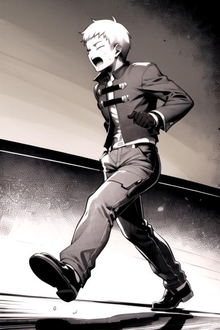 <lora:Yashiro-06:0.7>,yashirokof, solo, short hair, open mouth, gloves, long sleeves, 1boy, hat, monochrome, full body, closed eyes, male focus, shoes, teeth, pants, flying sweatdrops, >_<, headwear removed, running, sepia