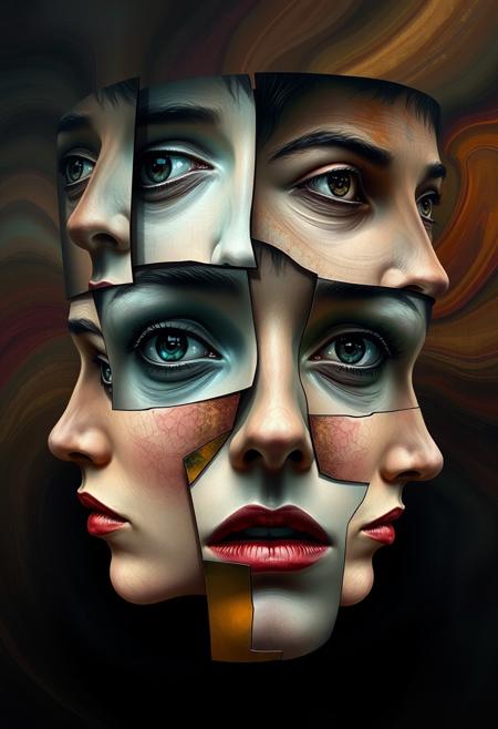 "Hyper-realistic depiction of a fragmented, cubist-inspired face, with multiple, overlapping profiles and features. Each fragment is a different color and texture, blending together to create a dreamlike, surreal effect. Eyes are scattered throughout the composition, some open, some closed, while mouths and noses are distorted and abstracted. The background is a swirling, gradient-like mixture of colors, evoking a sense of dynamic energy and movement. Style: extremely detailed, hyper-realistic, and abstract, with a focus on capturing the complexities and nuances of facial expression."
