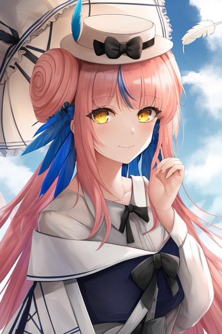 masterpiece, best quality, highres, solo, {ceylon_arknights:1.10}, long_hair, bangs, pink_hair, feather_hair, feathers, hat, white_headwear, blue_feathers, hair_bun, yellow_eyes, bow, smile, hat_bow, black_bow, very_long_hair