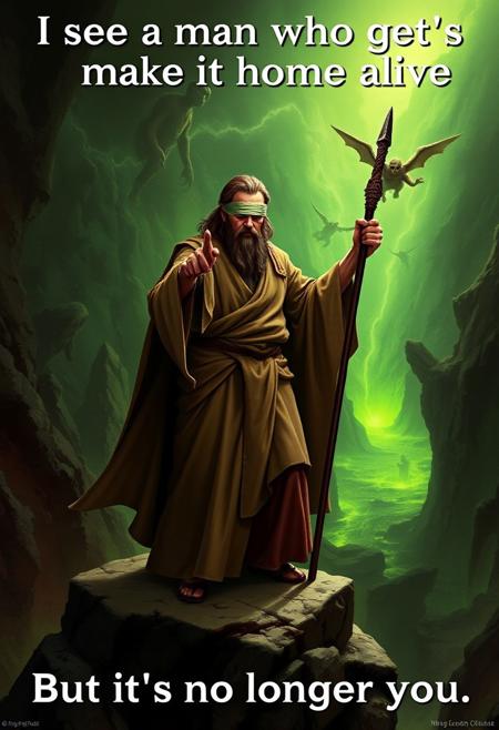 Realistic poster of a blind prophet, holding a staff, wearing a robe. standing on a cliff in the underworld, glowing green water, spirits of the dead flying around him. Pointing finger at viewer. Text at the top of the image "I see a man who gets to make it home alive"
and at the bottom "But it's no longer you"
