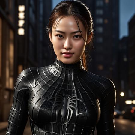 score_9, score_8_up, score_7_up, best quality, realistic, masterpiece, beautiful detail, hyperrealistic, night, ((1girl, woman body, large breast)), amazing detailed full body of a cute korean girl, wearing a realistic and highly detailed black raimi spider-man suit, ((defined muscular girl)), professional model wears ultra - detailed black raimi spider - man suit, ultra - detailed and grained black raimi spiderman suit, suit covered entire body and hand, black spiderman gloves, wet, (light smile), close up, octane render, highly detailed, volumetric, dramatic lighting, (highest quality:1.1), (HDR:1.3), (top quality, best quality), realistic, high definition, sharp contrast between light and shadow, athletic and fit physique, highly detailed and accurate portrayal, photorealistic rendering, tense and alert atmosphere cinematic scene, cinematic lighting, intricate detail skin and facial texture, lifelike expression, accurate character design, interesting and complex background details,