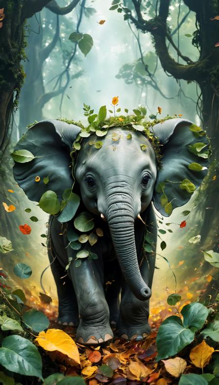 stunning image of a cute adorable wacky baby elephant covered in leaves and foliage, moody, grainy, noisy, concept art, by Alberto Seveso, Cyril Rolando, Dan Mumford, Meaningful Visual Art, Detailed Painting, Digital Illustration, Unreal Engine 5, 32k maximalist, hyperdetailed fantasy art, 3d digital art, sharp focus, masterpiece, fine art,
 <lora:add-detail-xl:1>,
 <lora:xl_more_art-full_v1:1>