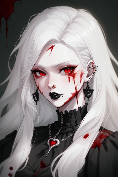 Goth girl 1girl ,1girl, solo, long hair,  pale skin, white hair, jewelry, closed mouth, black clothes, lips, red eyes,blood, detailed eyes, piercing, portrait, injury, blood on face, lip piercing , earrings,   <lora:Goth_girl-v1.5:0.8>