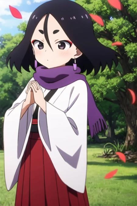 masterpiece, best quality, <lora:kunoichi_fuki:0.7> 1girl, solo, black eyes, black hair,  hair between eyes, short eyebrows, earrings, red skirt,  white kimono, purple scarf, sash, long sleeves, wide sleeves, outdoors, tree, falling petals, own hands together,