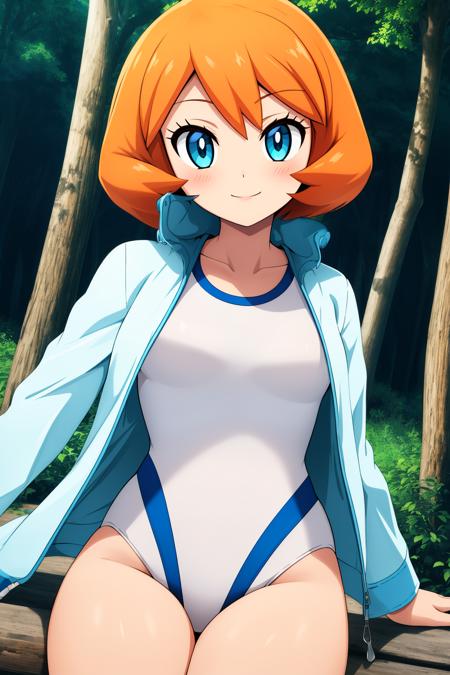 pkmnmisty, 1girl, solo, blue eyes, orange hair, short hair, bangs, white one-piece swimsuit, competition swimsuit, white jacket, open jacket, long sleeves, swimsuit under clothes,