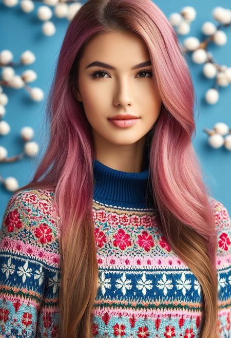 ((photorealistic)), ((1girl)), ((small_breasts:1.2)), (leather choker),  score_9, score_8_up, score_7_up, score_6_up, score_5_up, 2girls looking AT each other,
BREAK, 
((35 years old, long wavy hair, (((pink hair))), pink wavy hair, wavy hair, long hair, absent minded, long dress, pretty dress, purple dress)),
BREAK,
((25 years old, long straight hair, light brown hair, straight hair, brown hair, determined, long dress, pretty dress, blue dress, warrior princess, arrogant, aloof)),
BREAK,
detail face, perfect eyes, detailed skin, detailed decoration, seasonal flower, flower background, ChristmasSweater