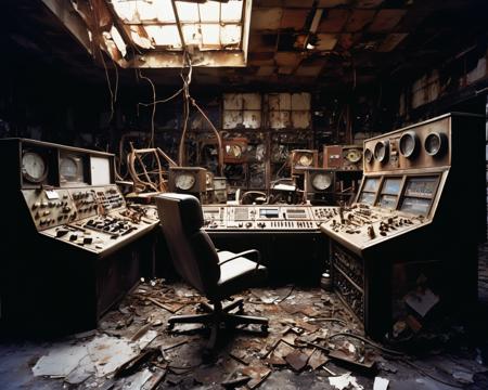 in a post-apocalyptic factory, rusting machinery, broken windows, discarded materials, smashed control room., by David LaChapelle,  <lora:PostApocalypticXL_v1:0.8> SZ_4po enviroment