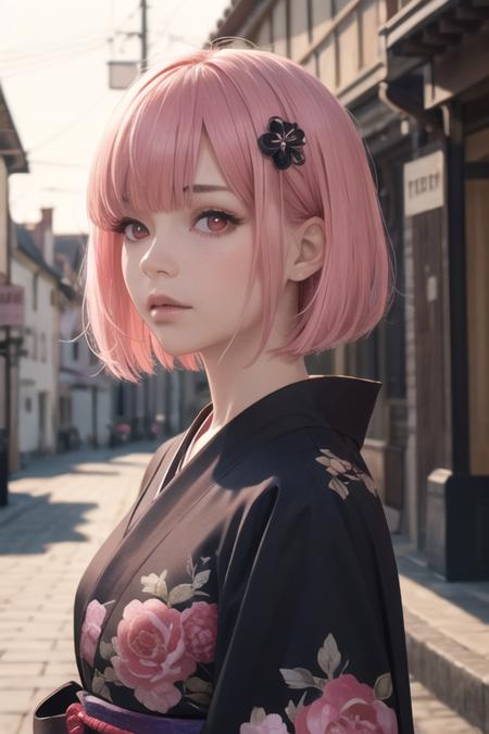 european 1girl,pink hair,  bob cut, hair hair ornament,black kimono,red eyes,town,film grain,8K raw photo, photorealistic, hyper realistic,highres, high resolution