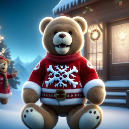 xmastedx, Christmas Costumes Teddy Bear, frozen, northpole, screaming, outside dojo, cinematic, cinematic lighting, (masterpiece, best quality:1.4), ultra-high res, 4k, Photorealistic, insanely detailed, sfw,