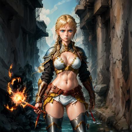 masterpiece, best quality,1girl,   <lora:unstabledreamX:0.7>   a woman in a costume with a sword and a fireball in her hand, standing on a white background, 1girl, blonde_hair, blue_eyes, boots, braid, breasts, cleavage, fire, full_body, gloves, looking_at_viewer, medium_breasts, midriff, navel, pants, solo, standing, water, weapon