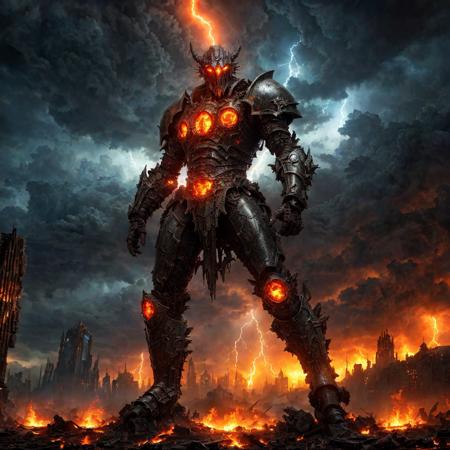 apocalyptic wasteland, colossal dragon, fiery wings, shattered skyscrapers, raging inferno, battle-worn knight, futuristic armor, lightning storm, swirling vortex, otherworldly creatures, glowing runes, ancient ruins, crimson moon, dark magic, ethereal light, chaos, destruction